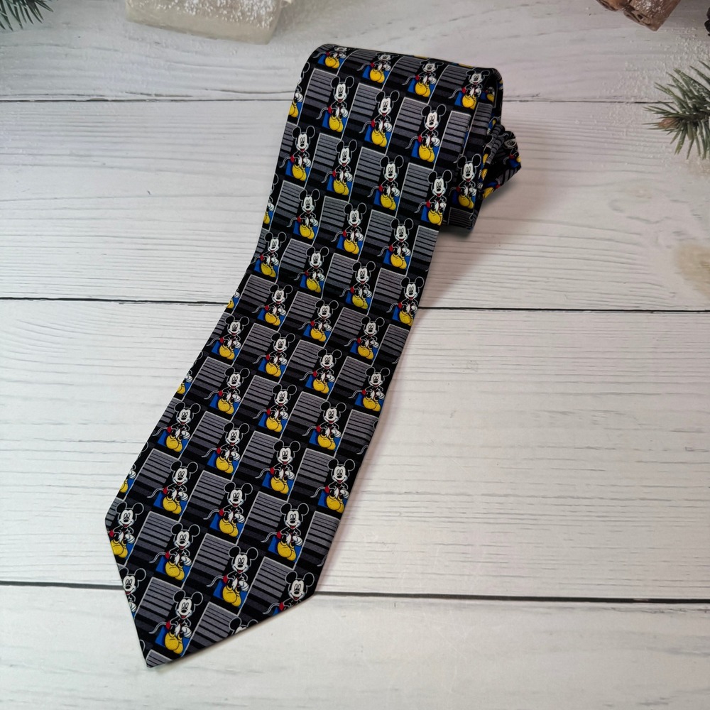 VTG Mickey Unlimited Tie Mens Black Silk 90s Mickey Mouse Disney Retro Y2K